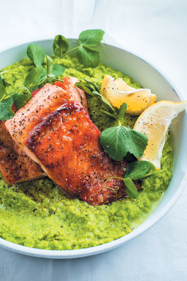 Pan-fried trout with lemony mashed peas recipe