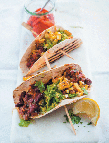 Tacos with vindaloo beans, crushed avocado and charred corn recipe