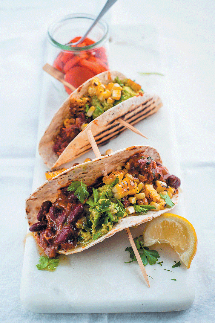 Tacos with vindaloo beans, crushed avocado and charred corn recipe