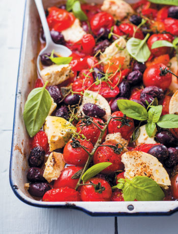 Tomato, olive and feta tray bake recipe