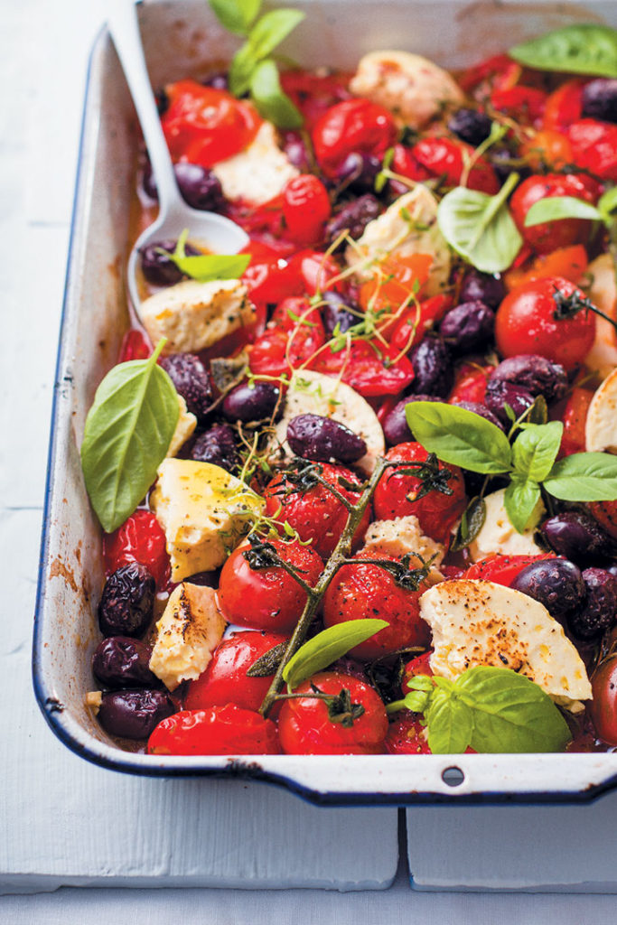 Tomato, olive and feta tray bake recipe