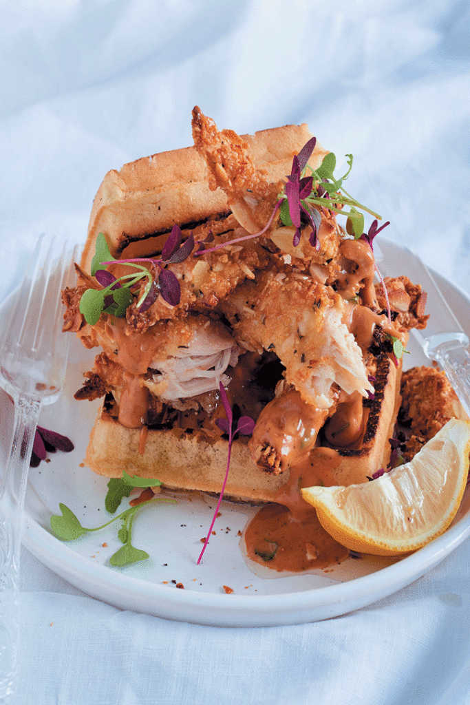 Waffles with almond-crusted chicken and barbecue mayonnaise recipe