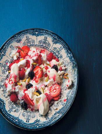 Crushed meringue with berries, whipped cream, rose-elderflower syrup and pistachio recipe