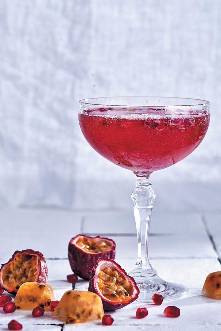 Granadilla, rose and pomegranate sparkling cocktail