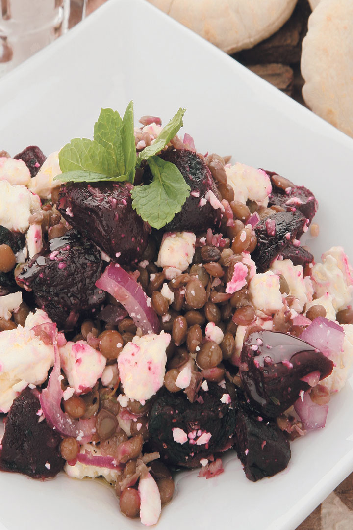 Lentil salad served with roasted beetroot, red onion, feta and mint recipe