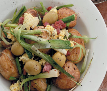 Roasted potatoes, crispy bacon and baby leek salad served with saffron ricotta and olives recipe