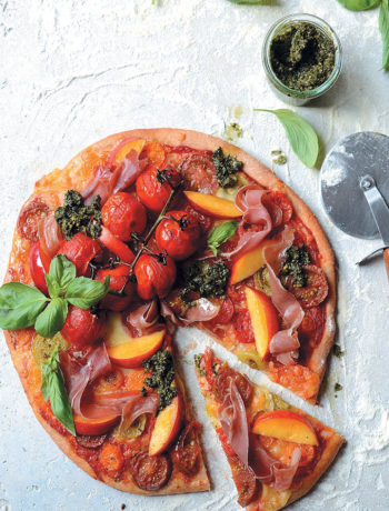 Spelt pizza with heirloom tomatoes, nectarine, prosciutto and kale pesto recipe