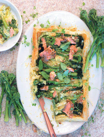 Broccolini, Brie and trout tart