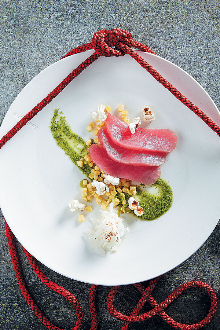 Tuna sashimi with corn salsa and Peruvian-style green sauce