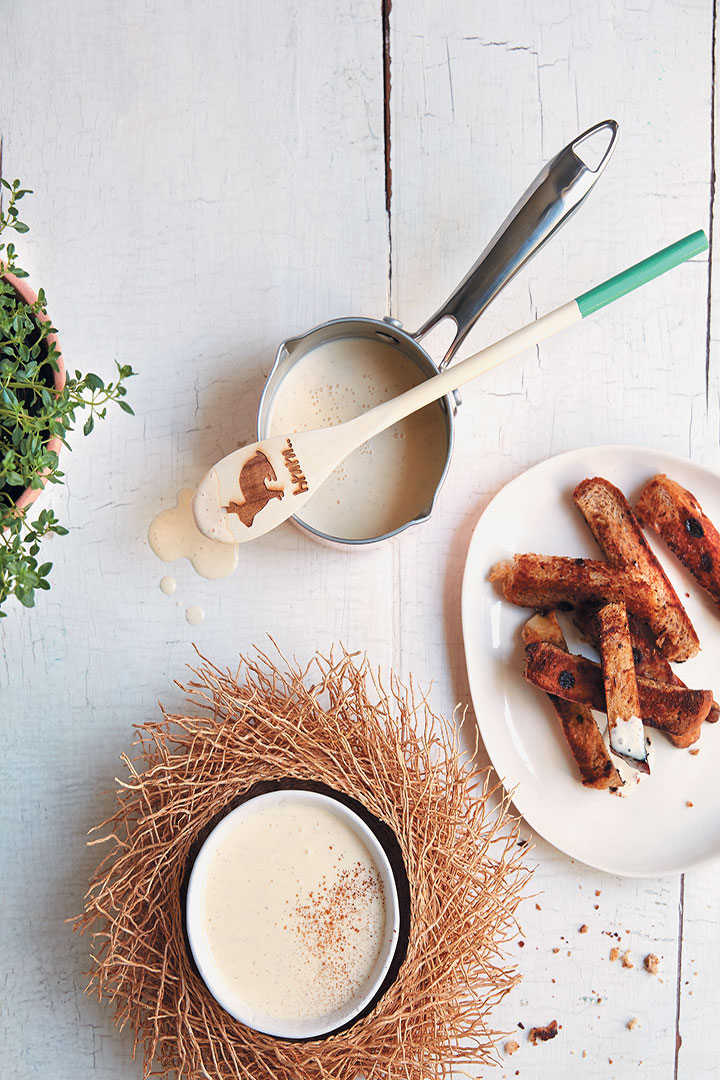 Vanilla and cinnamon spiced custard ‘fondue’ with toasted hot cross bun fingers recipe
