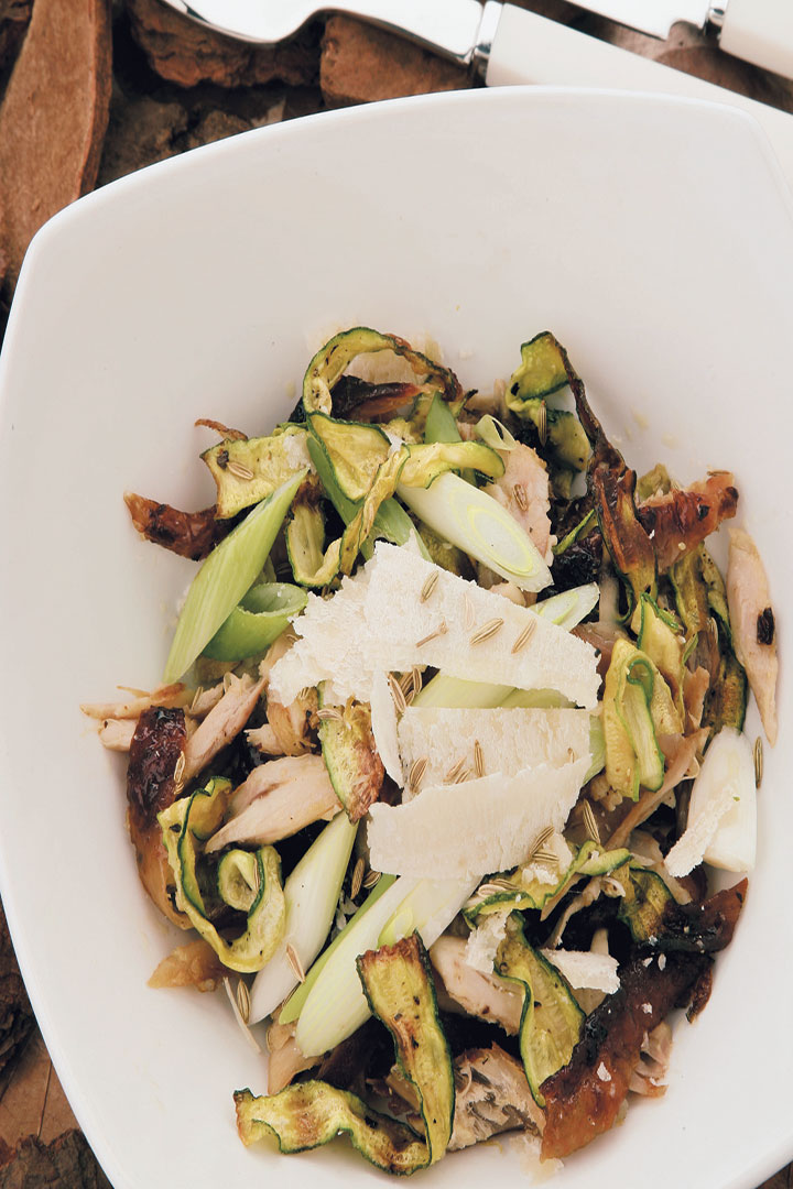 Warm baby marrow and roast chicken salad served with zesty vinaigrette and Parmesan shavings recipe