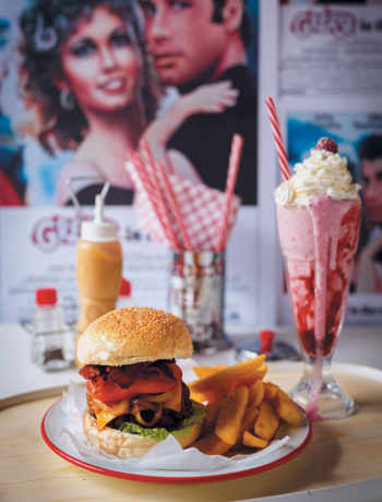Greased Lightnin' bacon burger and Pink Lady shake