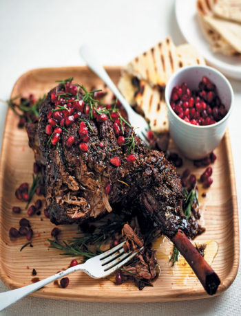 Slow-roasted Easter leg of lamb with pomegranate and rosemary recipe