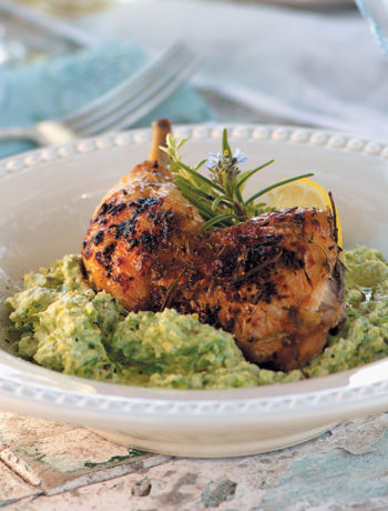 Baked lemon chicken on ricotta and pea purée