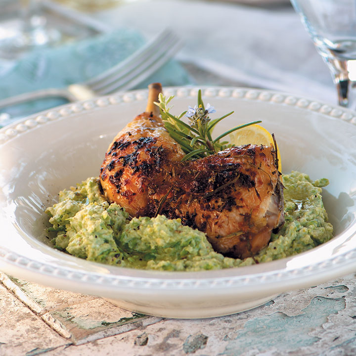Baked lemon chicken on ricotta and pea purée