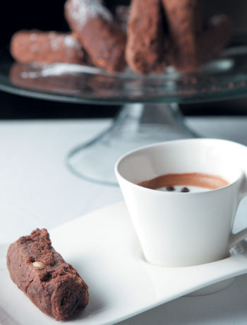 Double chocolate and bran rusks served with a Caffè Macchiato