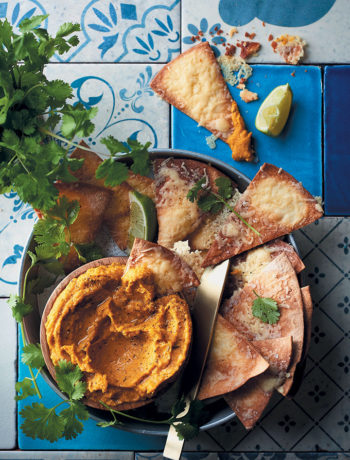 Pumpkin, lime and chilli hummus with cheesy tortilla dippers recipe