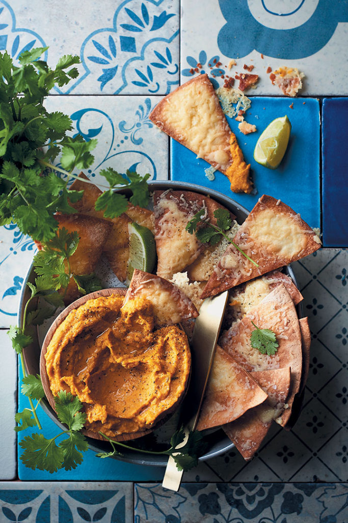 Pumpkin, lime and chilli hummus with cheesy tortilla dippers recipe