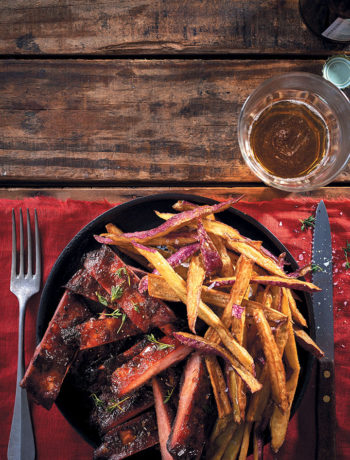 Whisky and maple sticky pork ribs with sweet potato fries recipe
