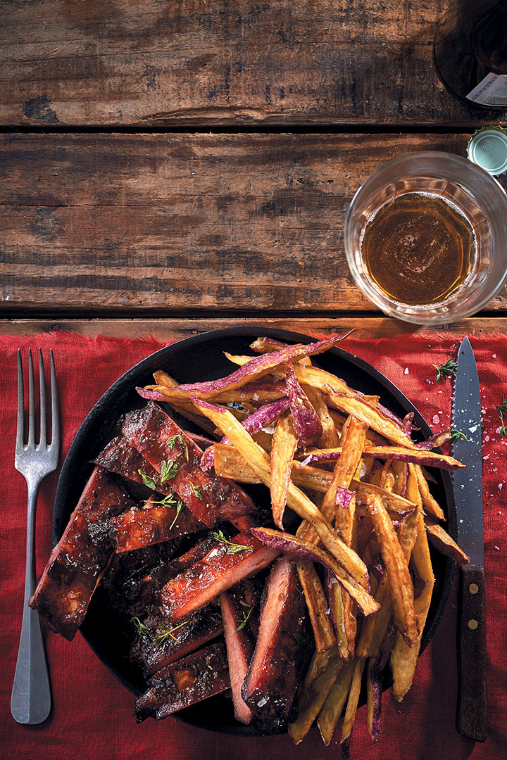 Whisky and maple sticky pork ribs with sweet potato fries recipe