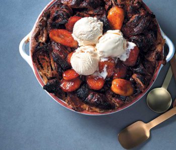 Chocolate croissant bread and butter pudding with rum-caramelised bananas