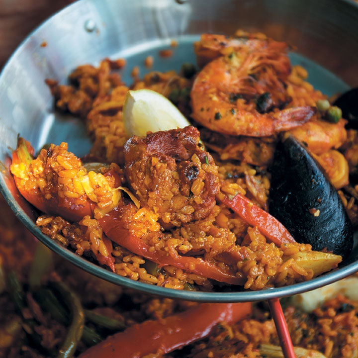 Seafood and chicken paella with chorizo