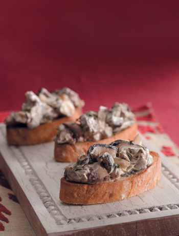 Wild mushroom and chicken liver ragout on garlic and herb bruschetta