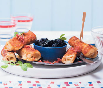 Cinnamon and Brie French toast roll-ups with blueberry compote