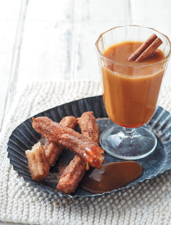 Hot butterscotch and cider shake with churros