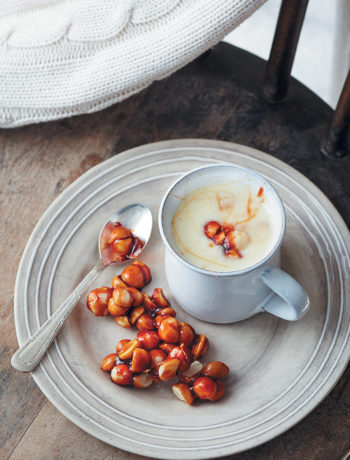 White hot chocolate with macadamia praline