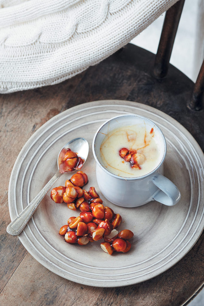 White hot chocolate with macadamia praline