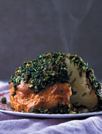 Whole spice and tahini roasted cauliflower with almond and herb pesto