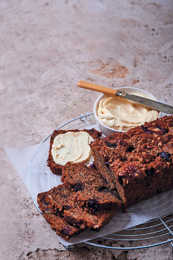 Blueberry and carrot bread with flavoured cream cheese