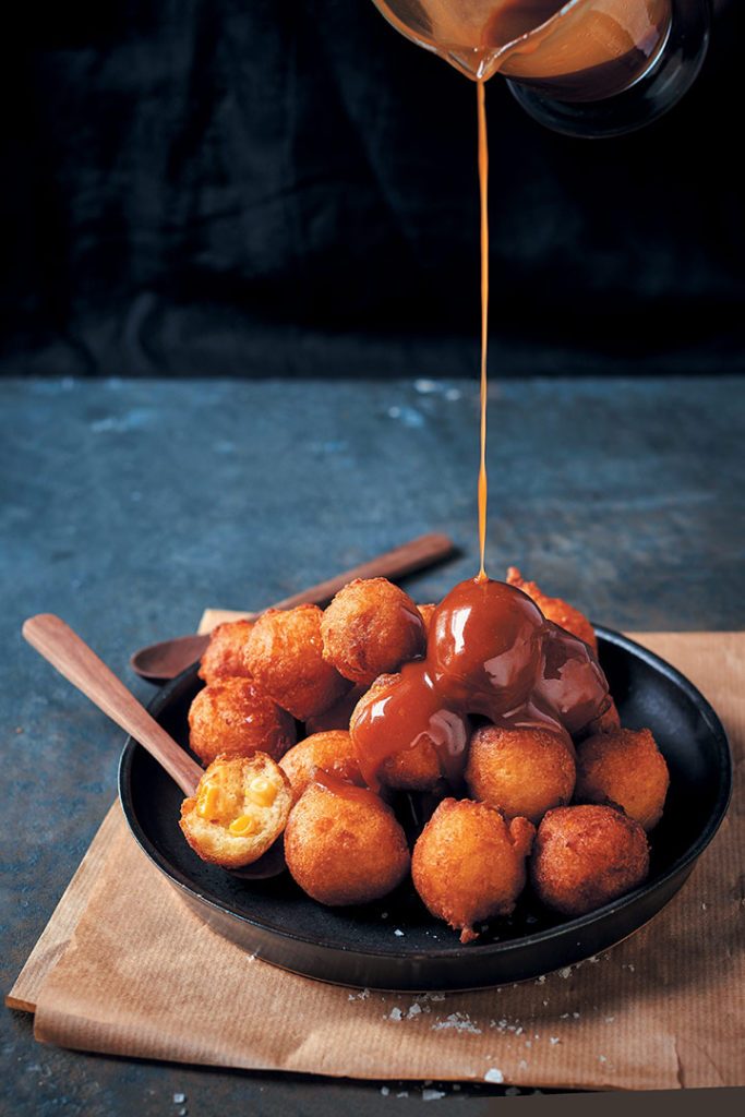 Corn and buttermilk fritters with salted caramel sauce