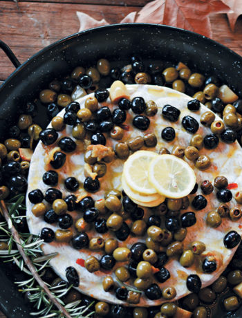 Grande Brie with lemon, olives and chorizo