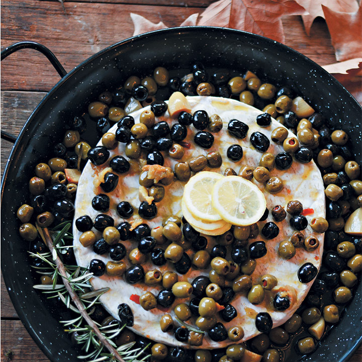 Grande Brie with lemon, olives and chorizo