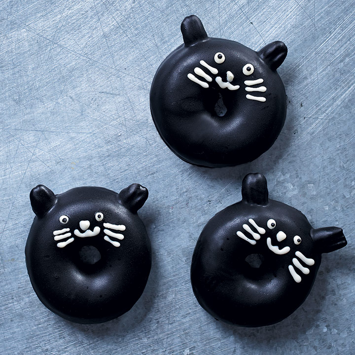 Dark chocolate-glazed black cat doughnuts