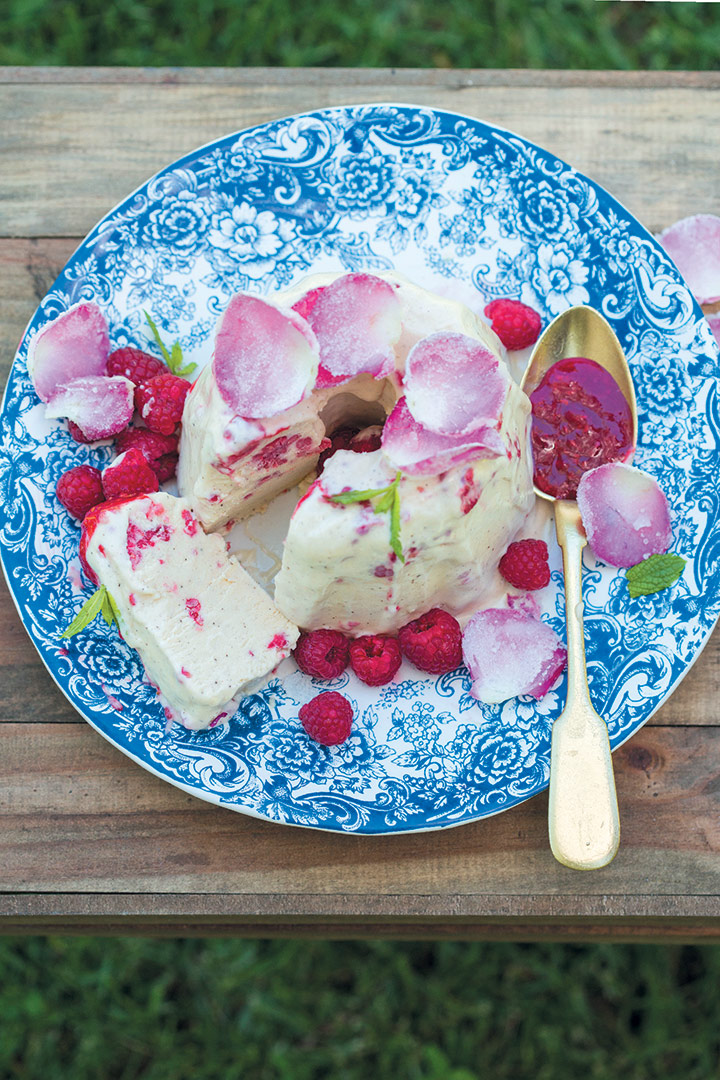 Raspberry and rose-water yoghurt semifreddo with sugared rose petals