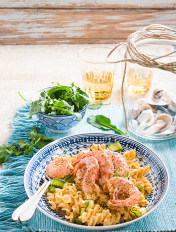 Fusilli tossed in a creamy lemon sauce with baby marrow ribbons and prawns