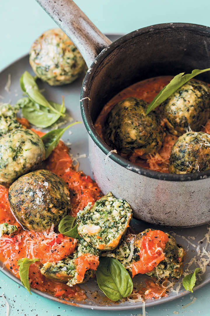 Basil, spinach and ricotta gnudi with red pepper and tomato sugo