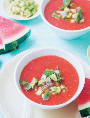 Chargrilled watermelon gazpacho with avocado salsa and garlic toast