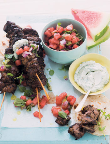 Lamb kebabs with watermelon salsa and dill yoghurt sauce