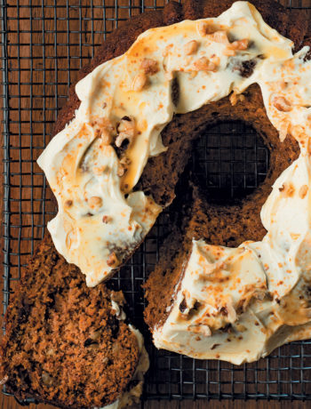 Pumpkin, walnut and date cake with maple syrup and cream cheese icing