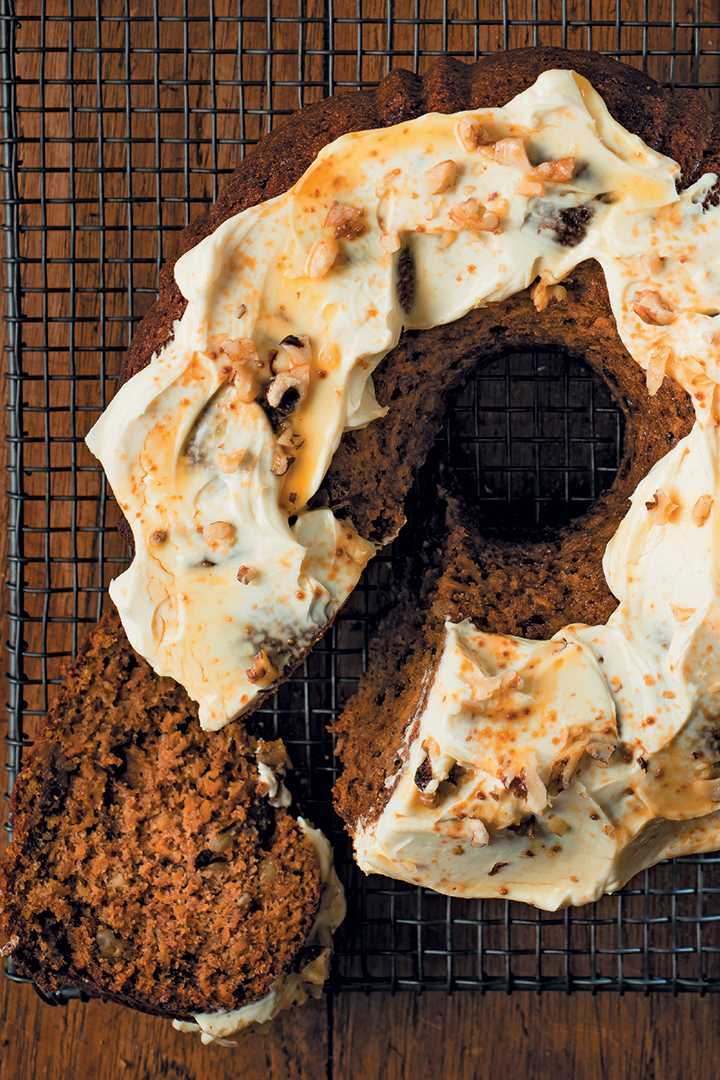 Pumpkin, walnut and date cake with maple syrup and cream cheese icing