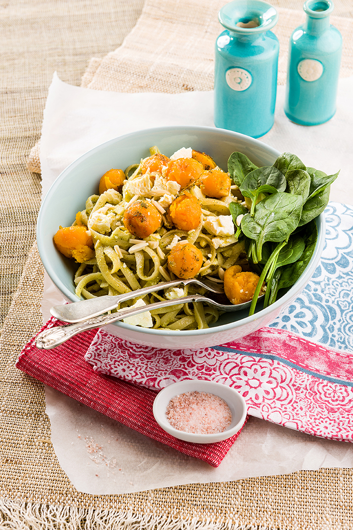 ROASTED BUTTERNUT, SPINACH AND FETA TOSSED IN A SAGE AND MACADAMIA PESTO