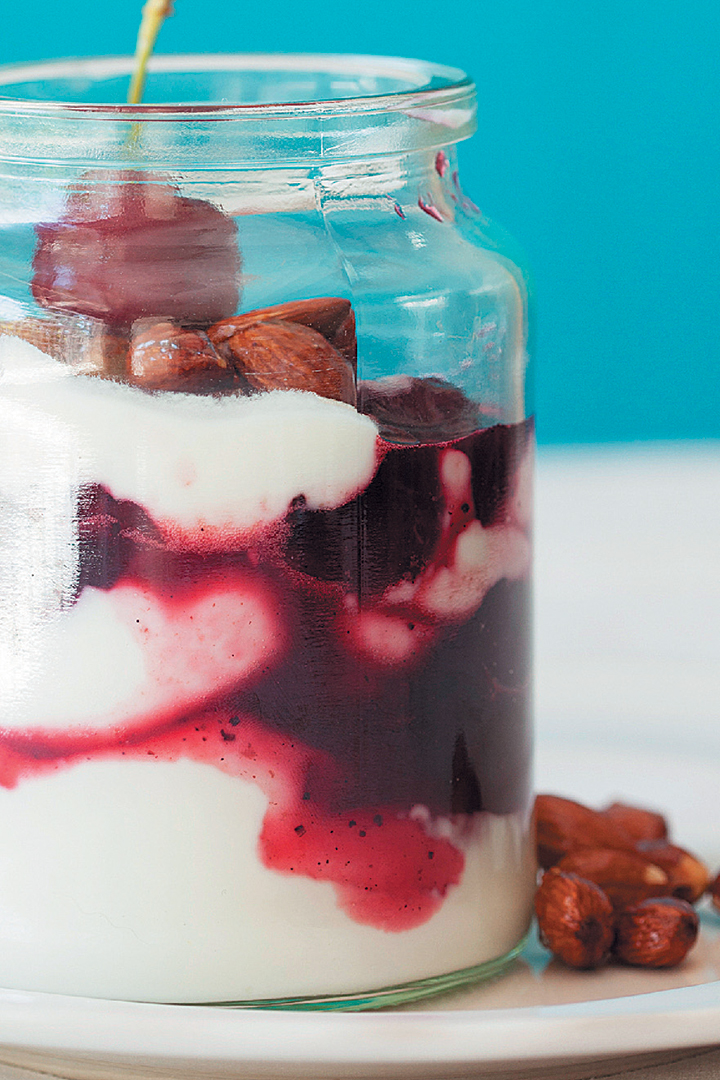 Rippled cherry and Greek yoghurt parfaits with honey-roasted almonds