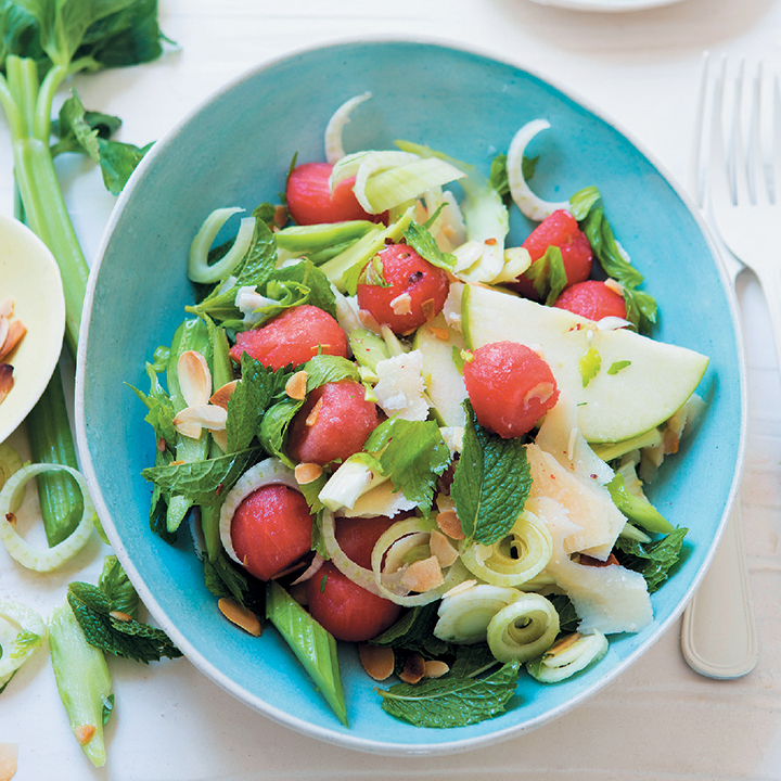 Shaved celery, fennel and watermelon salad with almonds, Parmesan and avocado dressing