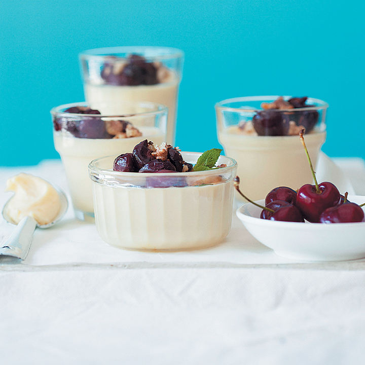 White chocolate and rose-water mousse with sugar-grilled cherries