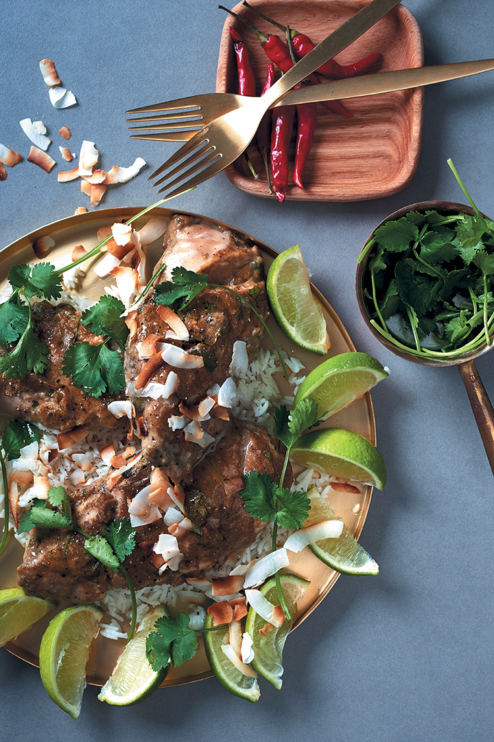 Caribbean-inspired chicken breasts with coconut rice