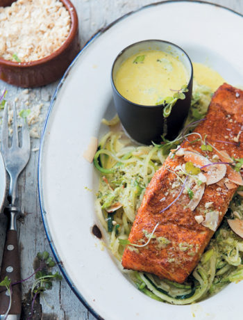 Curried trout on baby marrow noodles with coconut and coriander cream